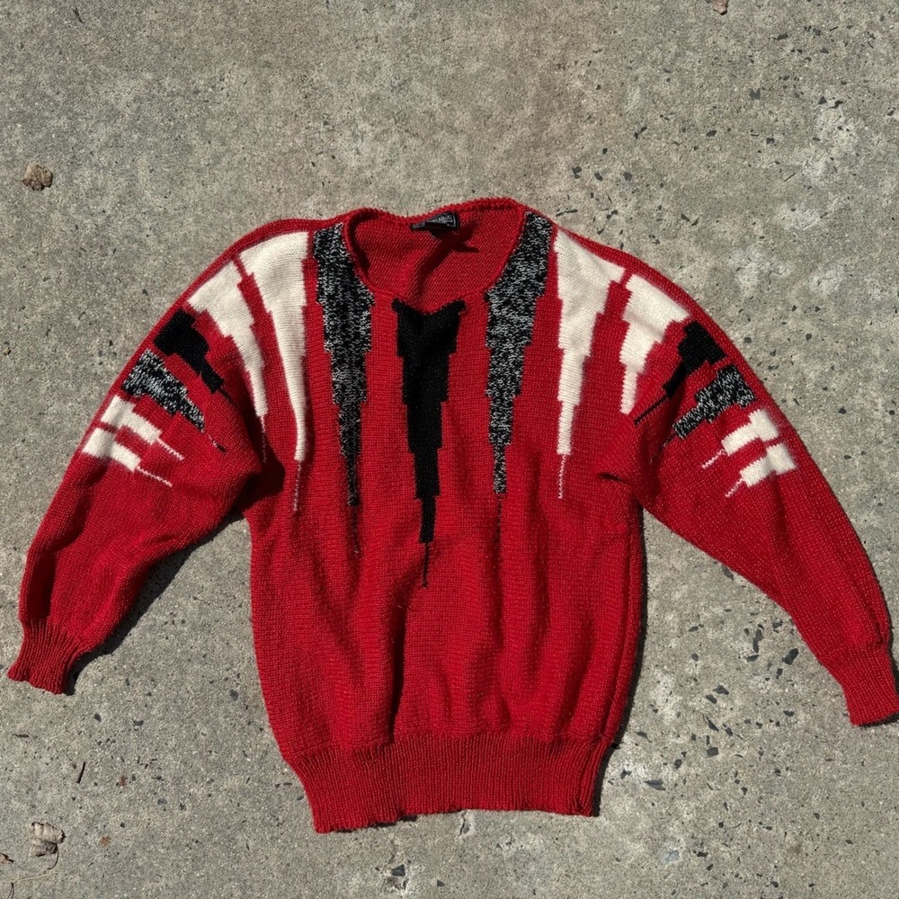 Cezanne Sweater M Red Chevron Angora Lambswool Pullover Vintage Unique‎ Fall